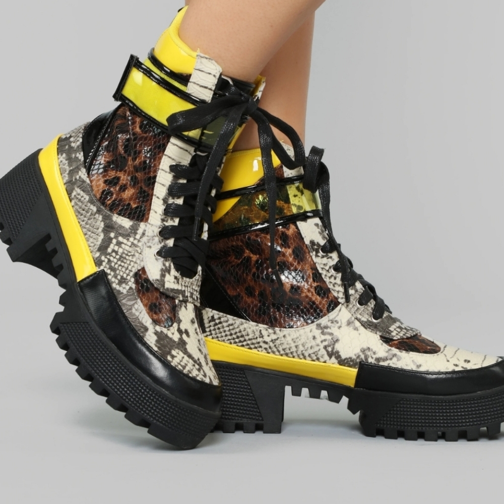 FN platform neon yellow snake combat boot
